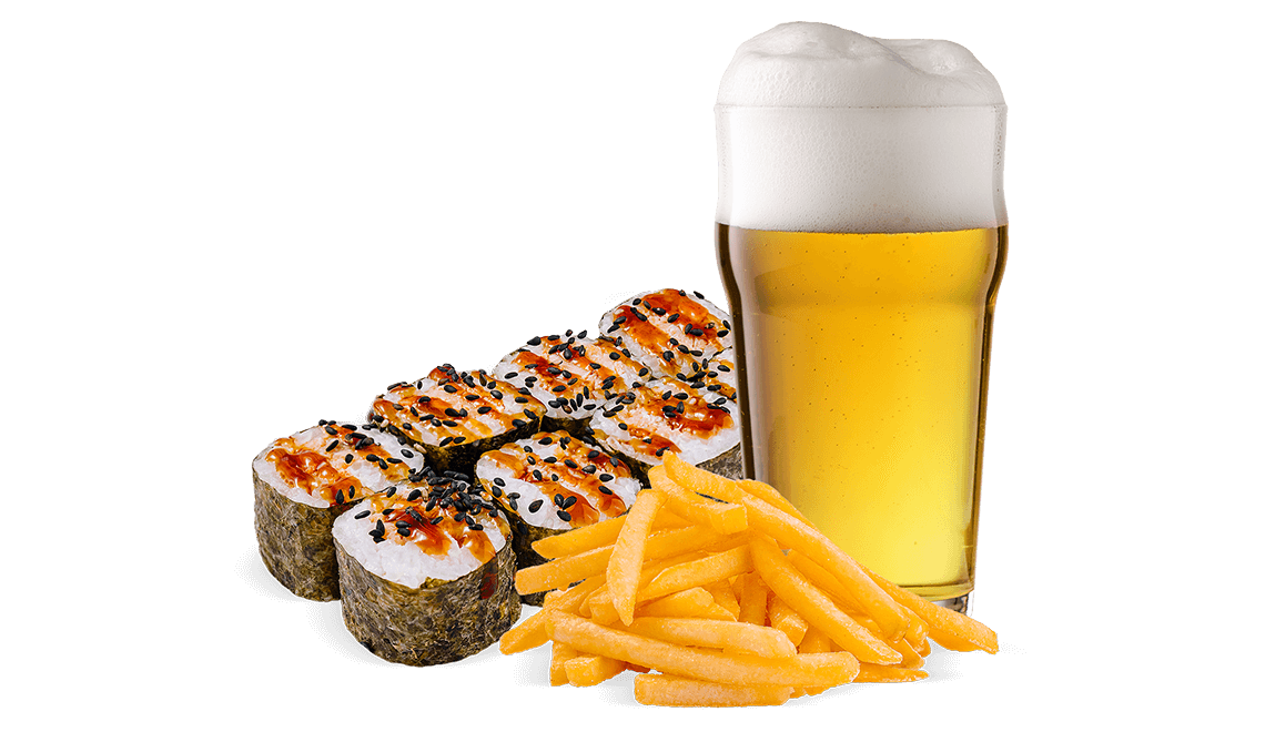 Set combo Zen pentru bere cu maki de somon prăjit, cartofi prăjiți și bere în Chișinău