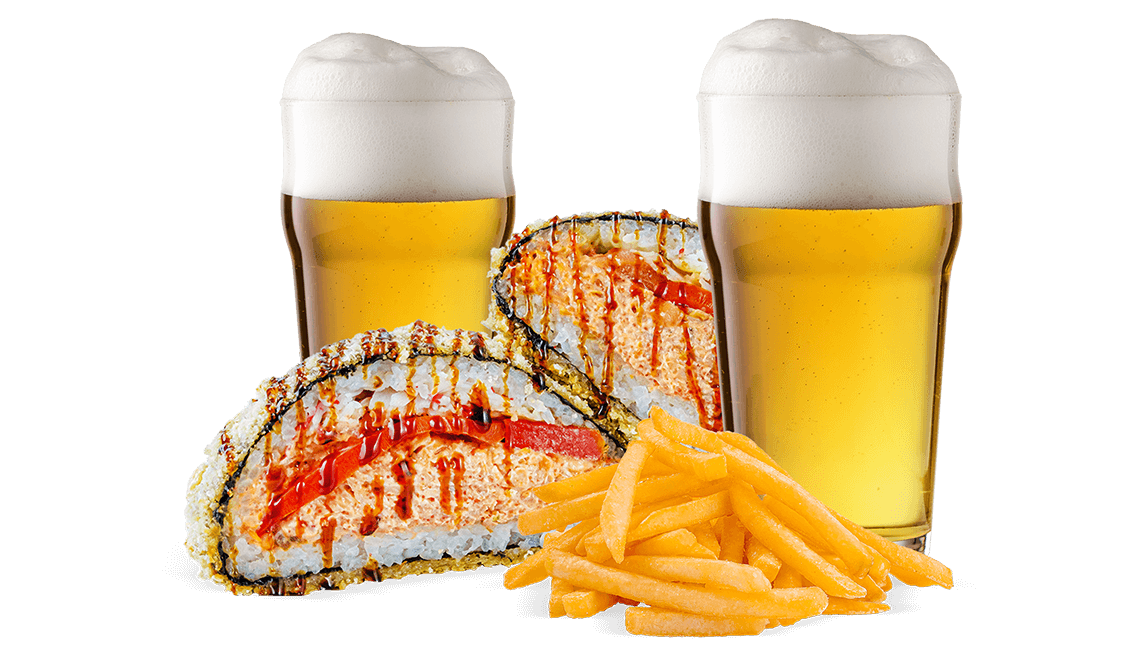 Set combo cu caracter cu sushi burger, bere și cartofi prăjiți